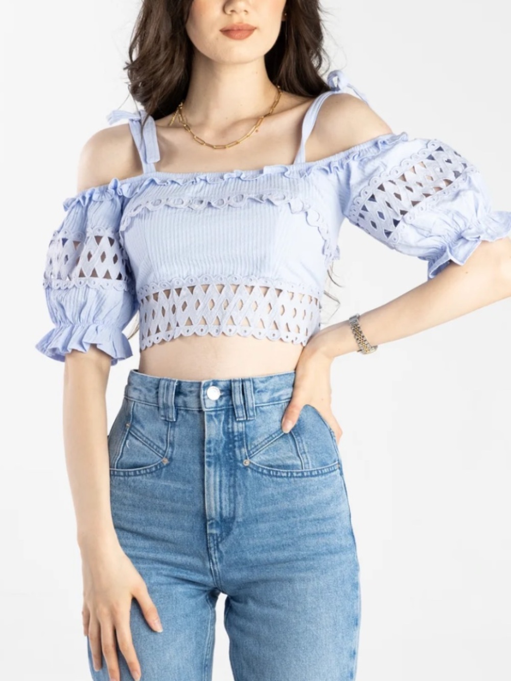 Indikah Off-Shoulder Ruffle Crop Top in Light Blue